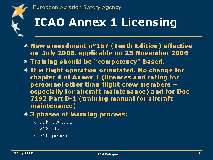 European Aviation Safety Agency ICAO Annex 1 Licensing New amendment n° 167 (Tenth Edition)