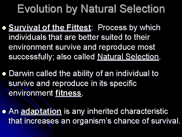 Evolution by Natural Selection l Survival of the Fittest: Process by which individuals that