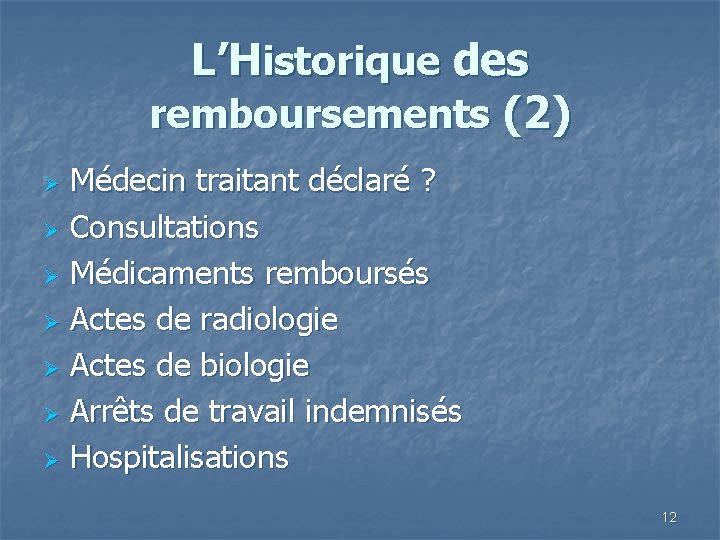 L’Historique des remboursements (2) Médecin traitant déclaré ? Ø Consultations Ø Médicaments remboursés Ø