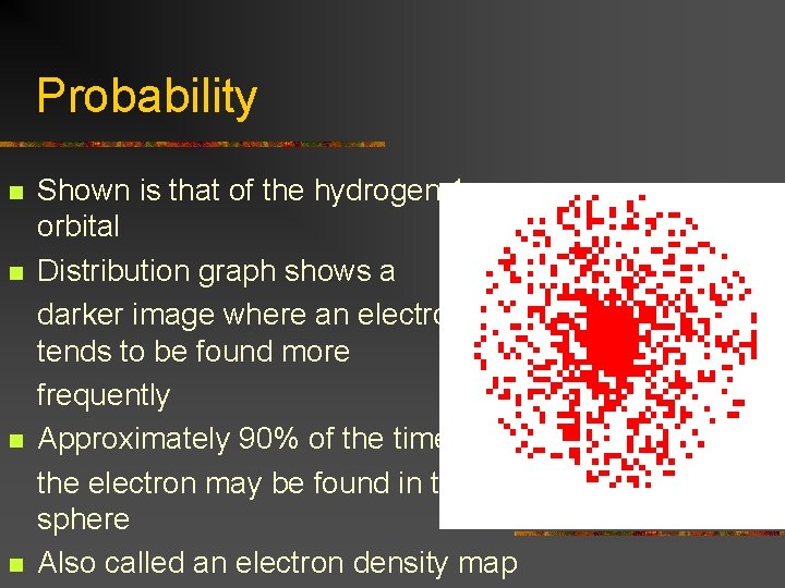 Probability n n Shown is that of the hydrogen 1 s orbital Distribution graph