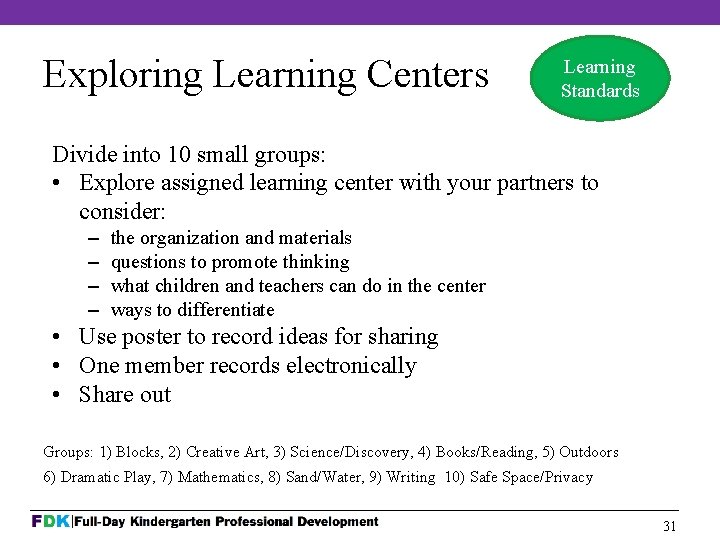 Exploring Learning Centers Learning Standards Divide into 10 small groups: • Explore assigned learning