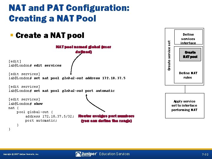 NAT and PAT Configuration: Creating a NAT Pool NAT pool named global (user defined)