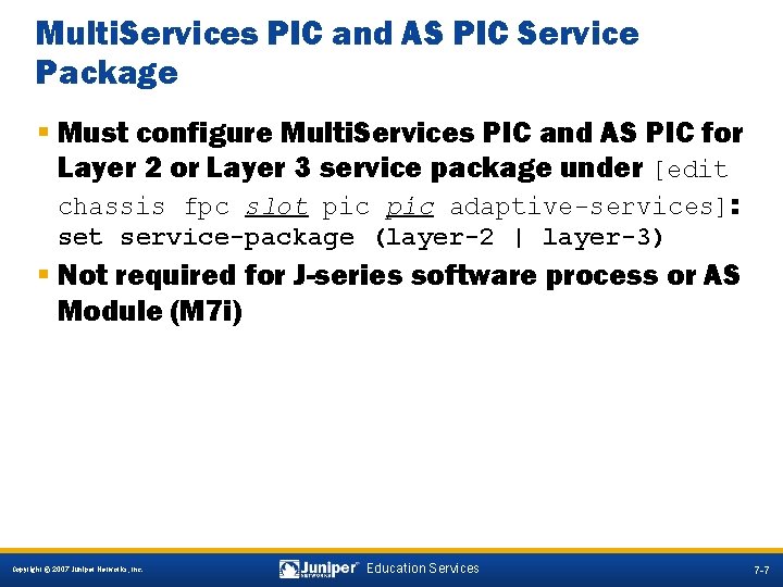 Multi. Services PIC and AS PIC Service Package § Must configure Multi. Services PIC