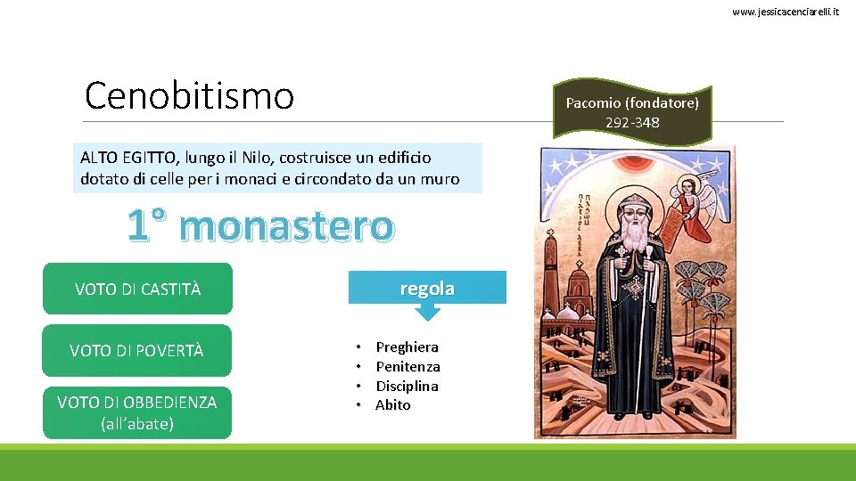 www. jessicacenciarelli. it Cenobitismo Pacomio (fondatore) 292 -348 ALTO EGITTO, lungo il Nilo, costruisce www. jessicacenciarelli. it Cenobitismo Pacomio (fondatore) 292 -348 ALTO EGITTO, lungo il Nilo, costruisce