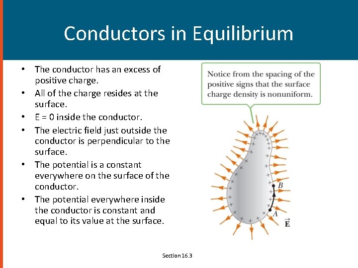 Conductors in Equilibrium • The conductor has an excess of positive charge. • All