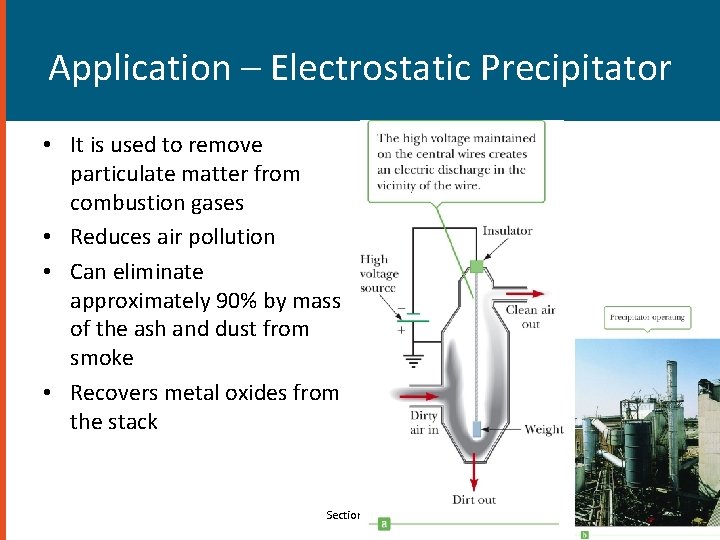 Application – Electrostatic Precipitator • It is used to remove particulate matter from combustion