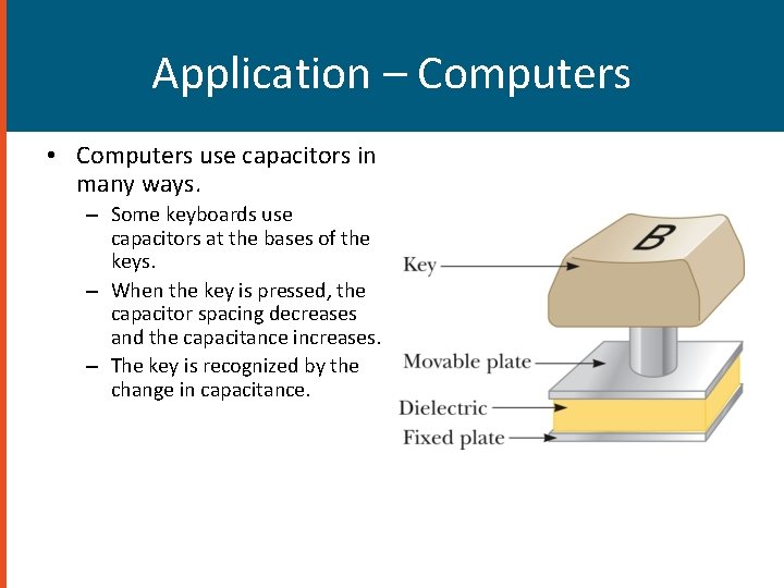 Application – Computers • Computers use capacitors in many ways. – Some keyboards use