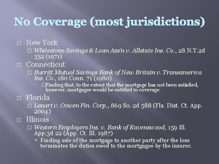 No Coverage (most jurisdictions) � New York � � Whitestone Savings & Loan Ass’n