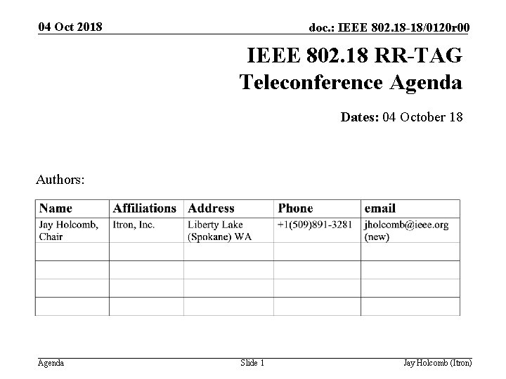 04 Oct 2018 doc. : IEEE 802. 18 -18/0120 r 00 IEEE 802. 18