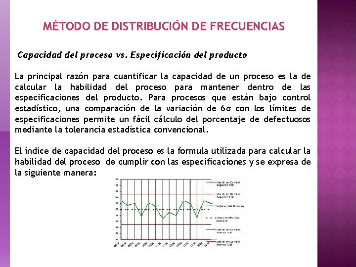 MÉTODO DE DISTRIBUCIÓN DE FRECUENCIAS Capacidad del proceso vs. Especificación del producto La principal