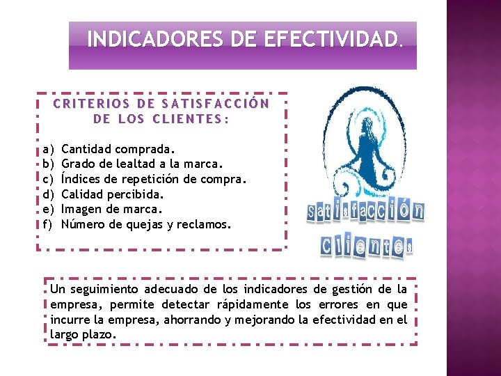 INDICADORES DE EFECTIVIDAD. CRITERIOS DE SATISFACCIÓN DE LOS CLIENTES: a) b) c) d) e)