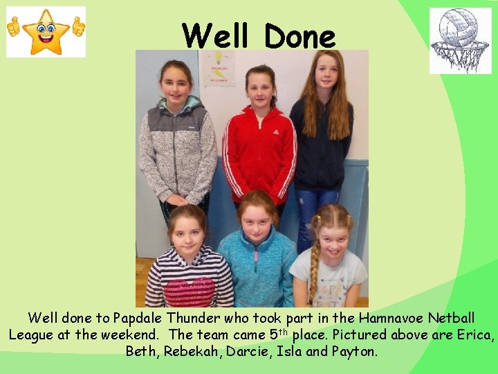 Well Done Well done to Papdale Thunder who took part in the Hamnavoe Netball
