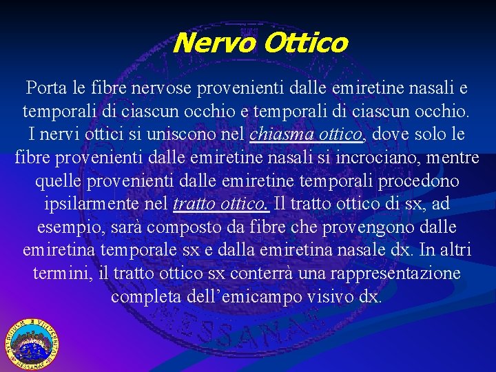 Nervo Ottico Porta le fibre nervose provenienti dalle emiretine nasali e temporali di ciascun