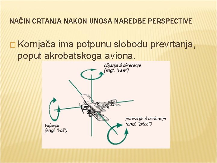 NAČIN CRTANJA NAKON UNOSA NAREDBE PERSPECTIVE � Kornjača ima potpunu slobodu prevrtanja, poput akrobatskoga