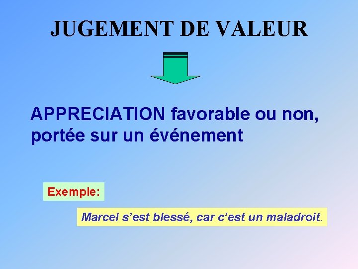 JUGEMENT DE VALEUR APPRECIATION favorable ou non, portée sur un événement Exemple: Marcel s’est