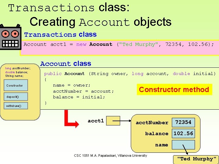 Transactions class: Creating Account objects Transactions class Account acct 1 = new Account ("Ted