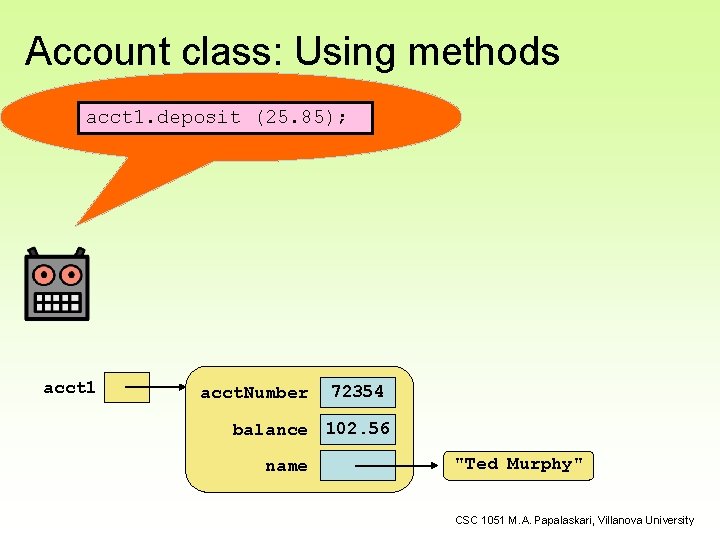 Account class: Using methods acct 1. deposit (25. 85); acct 1 acct. Number 72354