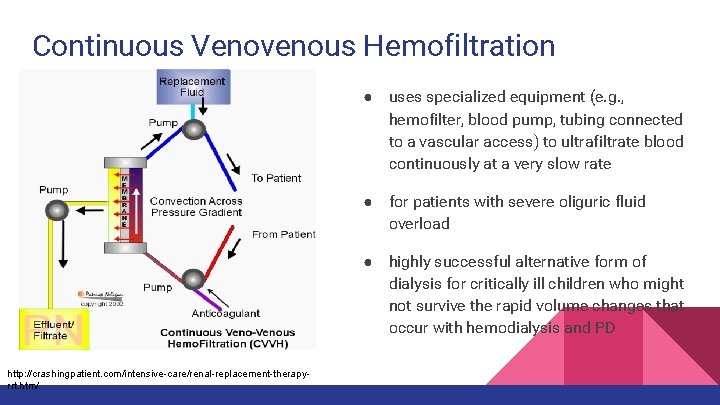Continuous Venovenous Hemofiltration ● uses specialized equipment (e. g. , hemofilter, blood pump, tubing