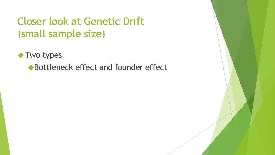 Closer look at Genetic Drift (small sample size) Two types: Bottleneck effect and founder