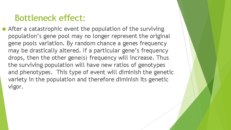 Bottleneck effect: After a catastrophic event the population of the surviving population’s gene pool