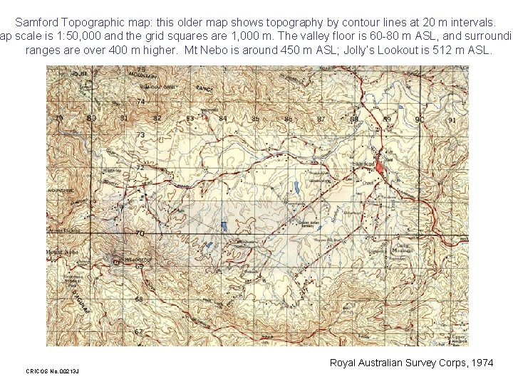 Samford Topographic map: this older map shows topography by contour lines at 20 m