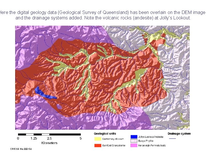 Here the digital geology data (Geological Survey of Queensland) has been overlain on the