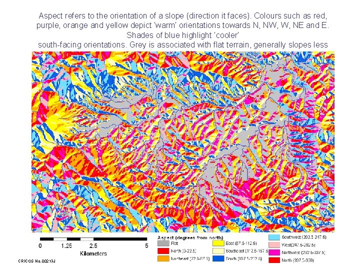 Aspect refers to the orientation of a slope (direction it faces). Colours such as
