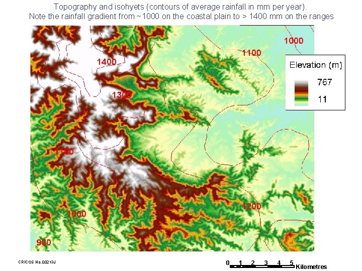 Topography and isohyets (contours of average rainfall in mm per year). Note the rainfall