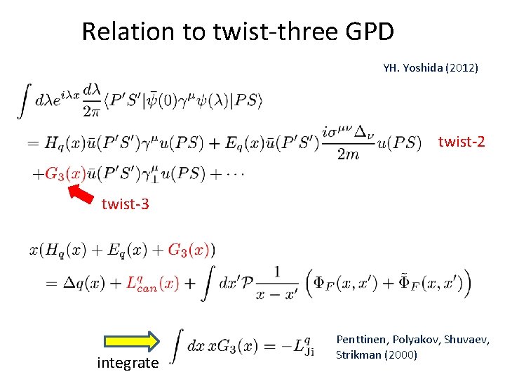 Relation to twist-three GPD YH. Yoshida (2012) twist-2 twist-3 integrate Penttinen, Polyakov, Shuvaev, Strikman