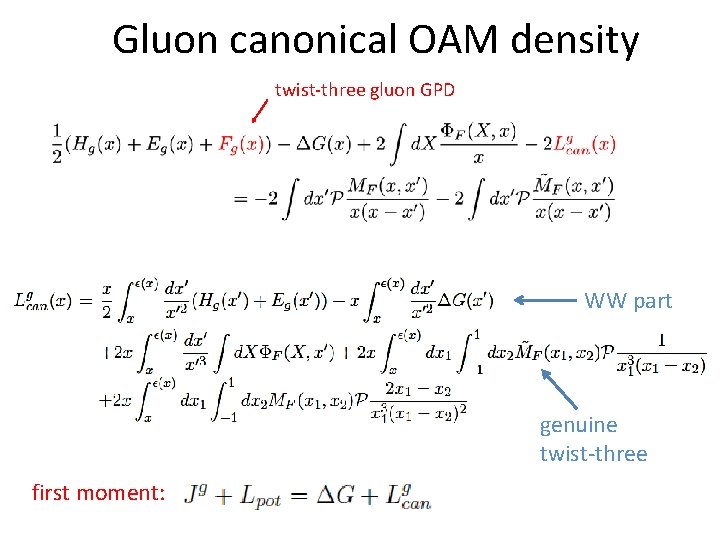 Gluon canonical OAM density twist-three gluon GPD WW part genuine twist-three first moment: 