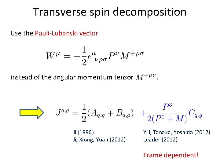 Transverse spin decomposition Use the Pauli-Lubanski vector instead of the angular momentum tensor Ji