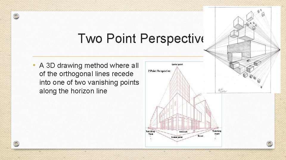 Two Point Perspective • A 3 D drawing method where all of the orthogonal