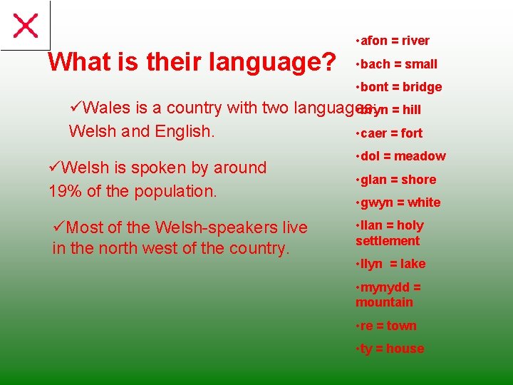 What is their language? • afon = river • bach = small • bont