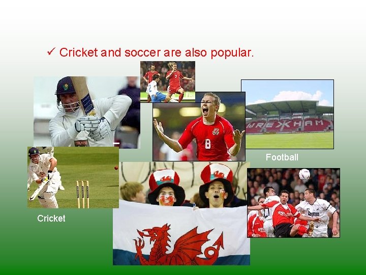 ü Cricket and soccer are also popular. Football Cricket 