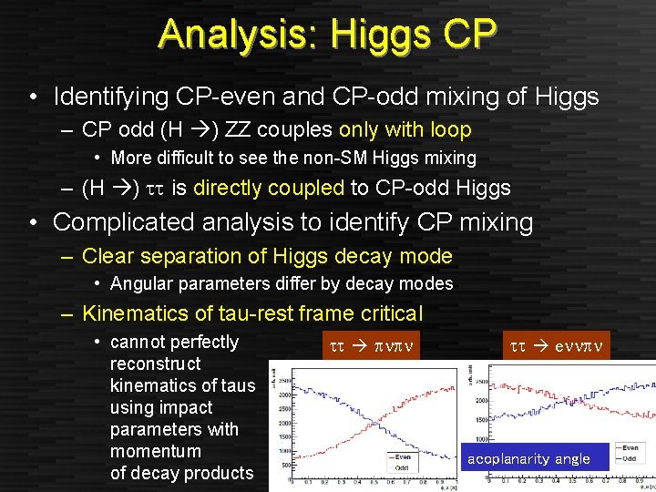 Analysis: Higgs CP • Identifying CP-even and CP-odd mixing of Higgs – CP odd