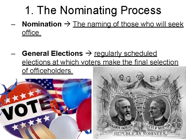 1. The Nominating Process – Nomination The naming of those who will seek office.