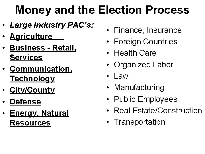 Money and the Election Process • Large Industry PAC’s: • Agriculture • Business -