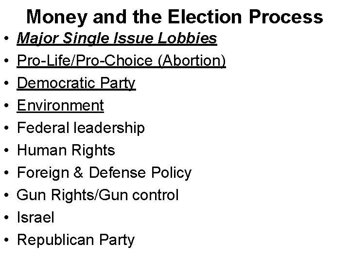 Money and the Election Process • • • Major Single Issue Lobbies Pro-Life/Pro-Choice (Abortion)