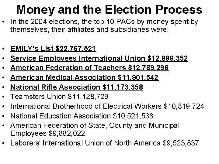 Money and the Election Process • In the 2004 elections, the top 10 PACs