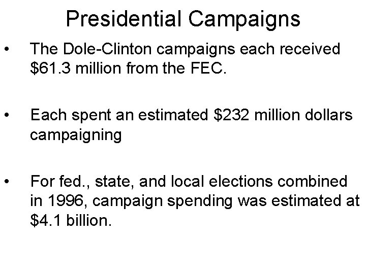 Presidential Campaigns • The Dole-Clinton campaigns each received $61. 3 million from the FEC.
