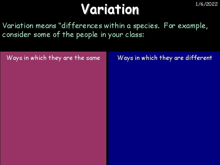 Variation 1/6/2022 Variation means “differences within a species. For example, consider some of the