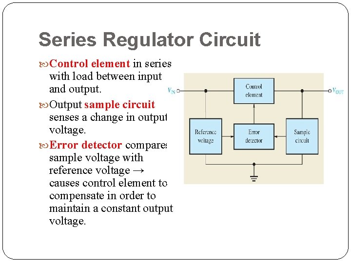 Series Regulator Circuit Control element in series with load between input and output. Output