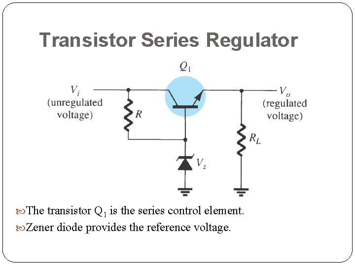 Transistor Series Regulator The transistor Q 1 is the series control element. Zener diode