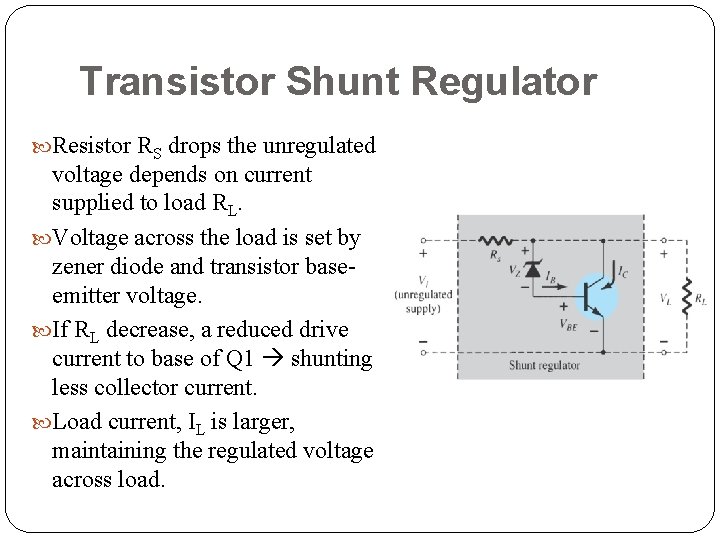 Transistor Shunt Regulator Resistor RS drops the unregulated voltage depends on current supplied to