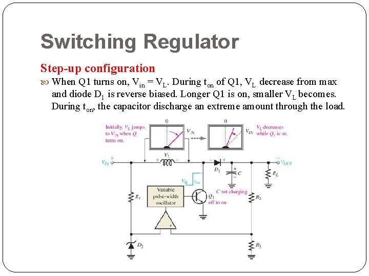 Switching Regulator Step-up configuration When Q 1 turns on, Vin = VL. During ton