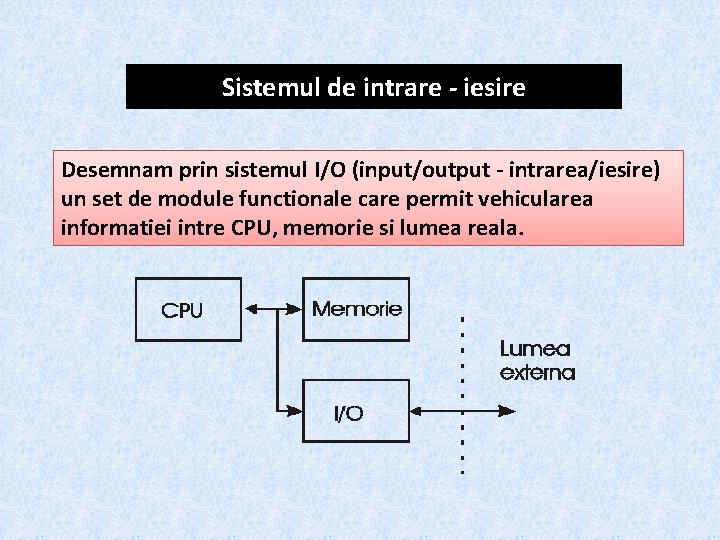 Sistemul de intrare - iesire Desemnam prin sistemul I/O (input/output - intrarea/iesire) un set