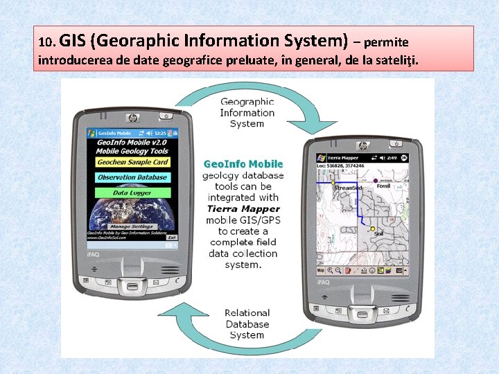 10. GIS (Georaphic Information System) – permite introducerea de date geografice preluate, în general,