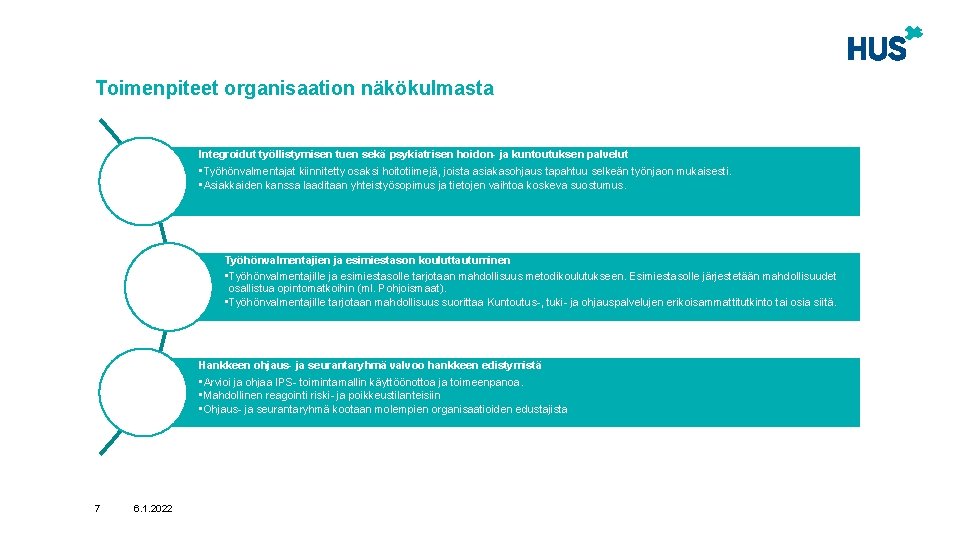 Toimenpiteet organisaation näkökulmasta Integroidut työllistymisen tuen sekä psykiatrisen hoidon- ja kuntoutuksen palvelut • Työhönvalmentajat