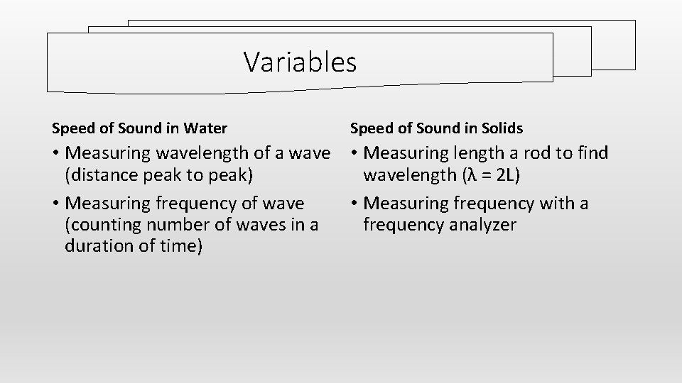 Variables Speed of Sound in Water Speed of Sound in Solids • Measuring wavelength