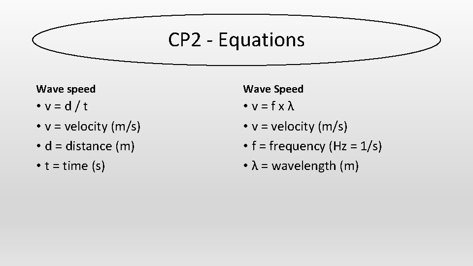 CP 2 - Equations Wave speed Wave Speed • v=d/t • v = velocity